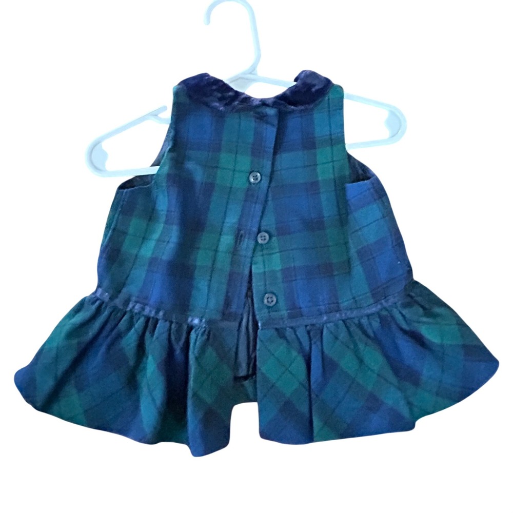 Baby Girl Plaid Sleeveless Dress Velvet Collar Green Blue Tartan Holiday 12M